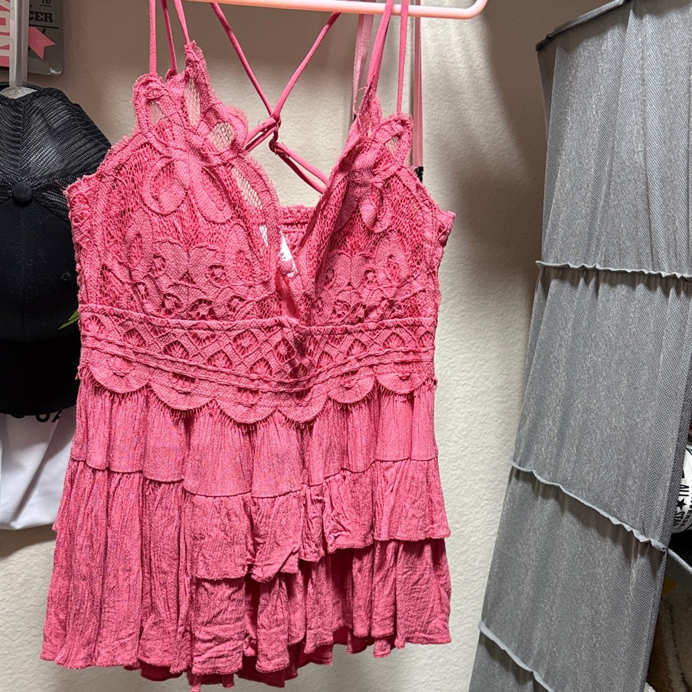 Zenana Outfitters Coral Lace Tiered Tank Top